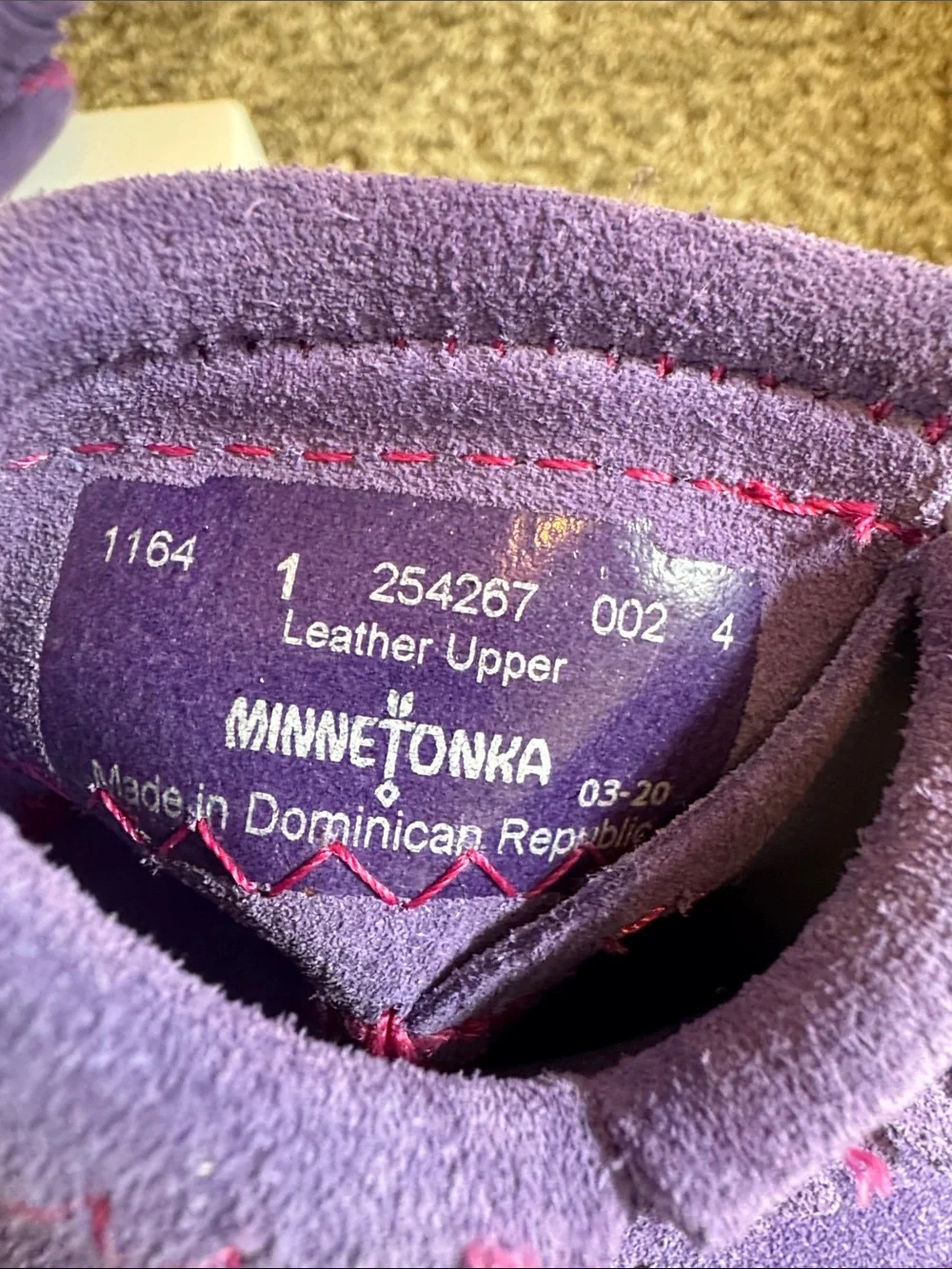 Minnetonka Purple Moccasin Baby Booties with Pink Stitching
